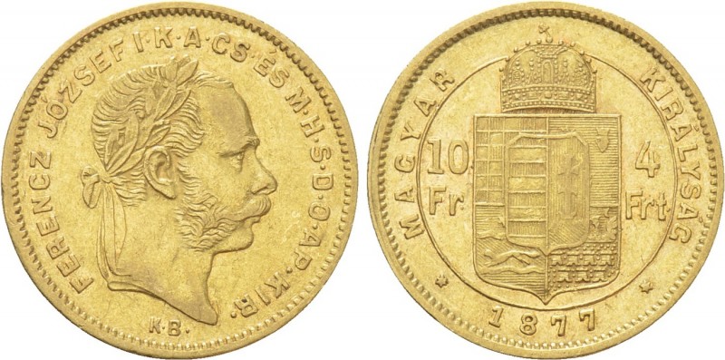 Austrian Empire. Franz Joseph I (1848-1916). GOLD 4 Forint / 10 Francs (1877 KB)...