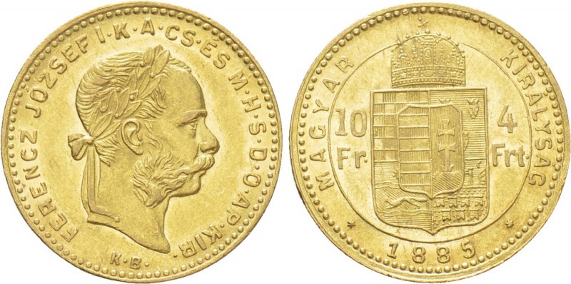 Austrian Empire. Franz Joseph I (1848-1916). GOLD 4 Forint / 10 Francs (1885 KB)...
