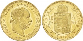 Austrian Empire. Franz Joseph I (1848-1916). GOLD 4 Forint / 10 Francs (1885 KB). Kremnitz. 

Obv: FERENCZ JÓZSEF I K A CS ÉS M H S D O AP KIR. 
La...