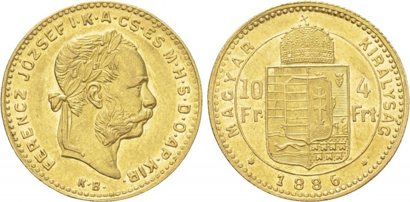 Austrian Empire. Franz Joseph I (1848-1916). GOLD 4 Forint / 10 Francs (1886 KB)...