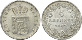 GERMANY. Bavaria. Ludwig I (1825-1848). 6 Kreuzer (1842). 

Obv: KŒNIGR BAYERN. 
Crowned coat-of-arms.
Rev: 6 / KREUZER within wreath.

KM 802; ...