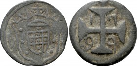 INDIA. Portuguese. Maria I (1799-1801). 20 Bazarucos / 16 Réis (1799). 

Obv: O - O. 
Crowned coat of arms.
Rev: Cross.

Gomes# M1 07 . 

Cond...
