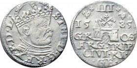 POLAND. Stefan Batory (1576-1586). Trojak (1586). Riga. 

Obv: STEP D G REX P D L. 
Crowned bust right, wearing ruffled collar.
Rev: III / GROS / ...