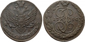RUSSIA. Catherine II 'the Great' (1762-1796). 5 Kopecks (1790-EM). Ekaterinburg. 

Obv: ПЯТЬ КОПЕЕКЪ on banner. 
Crowned imperial double eagle, hol...
