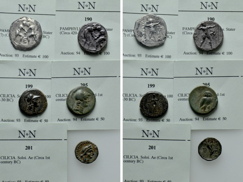 5 Greek Coins; Aspendos etc. 

Obv: .
Rev: .

. 

Condition: See picture....