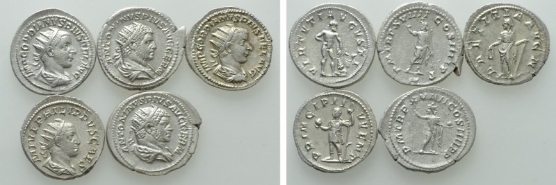 5 Antoniniani of Caracalla and Gordianus III. 

Obv: .
Rev: .

. 

Condit...