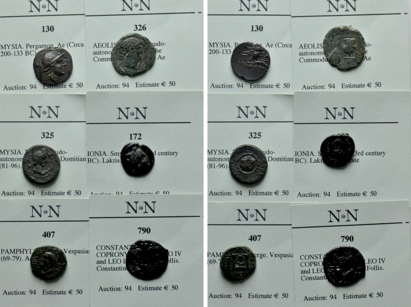 6 Greek, Roman and Byzantine Coins. 

Obv: .
Rev: .

. 

Condition: See p...