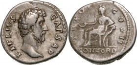 ROMAN EMPIRE
Aelius (136-138 AD), AR Denarius (3.1 g) struck 137 AD, Rome
L AELIVS CAESAR bare head right / TRIB POT COS II CONCORD Concordia seated...