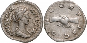 ROMAN EMPIRE
Crispina (178-192AD), AR Denarius (2,3g), Rome
CONCORDIA clasped hands. RIC 279. EF-Estimate: 100 - 200
