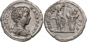 ROMAN EMPIRE
Geta (198-209AD), AR Denarius (3.37 g) struck 200-202 AD, Rome
 P SEPT GETA CAES PONT bare headed and draped bust right / PRINC IVVENTV...
