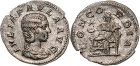 ROMAN EMPIRE
Julia Paula (219-220AD), AR Denarius (2,2g), Rome
IVLIA PAVLA AVG Draped bust right / CONCORDIA Concordia seated left, holding patera, ...