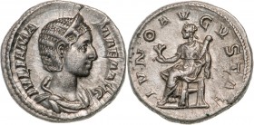 ROMAN EMPIRE
Julia Mamaea (222-235AD), AR Denarius (3,1g), Rome 
IVLIA MAMAEA AVG draped bust right / IVNO AVGVSTAE Juno seated left, holding flower...