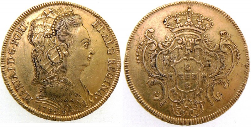 BRAZIL
Maria I (1786-1799) 4 Escudos 1794 R
Gold, 14.32 g. KM. 226.1. F. 87. X...