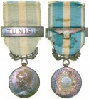 FRANCE
Colonial Medal, instituted in 1893
Breast Badge, 30 mm, Silver, original suspension ring and ribbon with "Tunisie" clasp. Beaufiful dark pati...