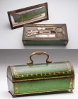 FRANCE
Sewing kit 
Nacre sewing kit and gilded bronze, consisting of three pieces, scissors, pin case and spike. In a nice gilded wooden case on fou...