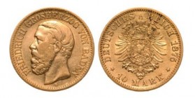 GERMANY - BADEN
Friedrich I (1856-1907), 10 Mark 1875 G, Gold (3.98 g)
Jaeger 186, KM 264. VF
Estimate: 250 - 500