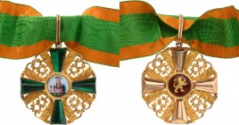 GERMANY - BADEN
Order of The Lion of Za?hringen
Commander's Cross. Breast Badge, 50 mm, GOLD, set to the obverse with one green, translucent paste; ...