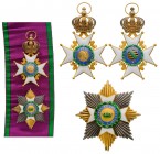 GERMANY - SACHSEN
Saxe Ernestine House Order
Grand Cross Set. Sash Badge, 110,0x73,0 mm., GOLD, with white enamelled maltese cross with finely chise...