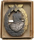 GERMANY - 3RD REICH
Kriegsmarine Auxiliary Cruiser War Badge, instituted in 1941
Breast Badge, 57x43 mm, French war time production, gilt Zinc, hori...