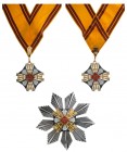 LITHUANIA
ORDER OF GEDEMINAS
Grand Officer's Set. Neck Badge, 51x48 mm. gilt Silver, white enameled, square center medallion with gilt "Trakai Castl...