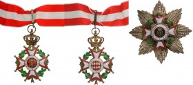 MONACO
ORDER OF SAINT CHARLES
Grand Officer's Set, 2nd Class. Neck Badge, 84x55 mm., gilt Silver, enameled on both sides, central medallions gilt, e...