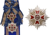 ROMANIA
ORDER OF THE CROWN OF ROMANIA, 1881
Grand Cross Set, 1st Type, Civil. Sash Badge, 70 mm, Silver gilt, enameled, original suspension ring and...