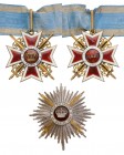 ROMANIA
ORDER OF THE CROWN OF ROMANIA, 1881
Grand Officer's Set 1st Type, Military. Neck Badge, 74 mm, Bronze gilt, both sides enameled, original su...