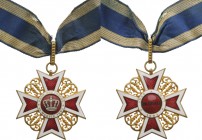 ROMANIA
ORDER OF THE CROWN OF ROMANIA, 1881
Commander 's Cross, 1st Model, Civil. Neck Badge, 64 mm, gilt Bronze, both sides red enameled, original ...