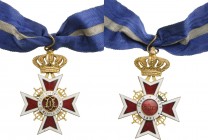 ROMANIA
ORDER OF THE CROWN OF ROMANIA, 1881
Commander's Cross, 2nd Model (1932) for Military in Time of Peace. Neck Badge, 72x47 mm, Bronze gilt, en...