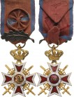ROMANIA
ORDER OF THE CROWN OF ROMANIA, 1881
Officer 's Cross, 2nd Model (1938), for Military with Oak Leaf for Exceptionnal Bravery. Breast Badge, 5...