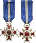 ROMANIA
ORDER OF THE CROWN OF ROMANIA, 1881
Officer 's Cross, 2nd Model (1938), for Civil. Breast Badge, 40 mm, Bronze gilt, both sides red enameled...