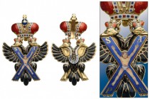 RUSSIA
ORDER OF ST. ANDRE, instituted in 1698
Knight's Badge (before 1856), 92x58 mm, GOLD, 73.10 g, both sides enameled, multipart construction, or...