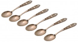 RUSSIA
Silver tea spoons Set, 6 pieces.
Contains: spatula with openwork, 10 cm long, total weight 80 g, only one mark "80" for silver guarantee, abo...