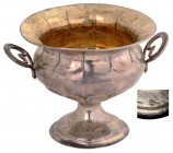 RUSSIA
Silver gilt cup on pedestal base
Lateral handles and lobed sections, carving with eggshaped motives on the paunch, weight 182 g, 10 cm high, ...