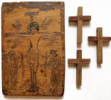 RUSSIA
Lot of 4 Icons
Lot composed of four wooden pieces, a pyrographed woodcut about Christ on the cross, popular art from the mid-twentieth centur...