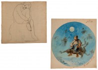 RUSSIA
Watercolor on paper
Circular view representing "Farmer riding on the devil in the sky", subject of a popular tale, monogram "E" of Nikolai Lu...