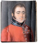 RUSSIA
Beautiful and delicate miniature, oil on canvas stucked on wood
Dimensions 6x5 cm, portrait of a Russian officer, indistinct or fanciful meda...