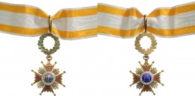 SPAIN
ORDER OF ISABELLA THE CATHOLIC
Commander`s Cross, 3rd Class, instituted in 1815. Neck Badge, 81x43 mm, GOLD, 30.2 g., superimposed parts gilt ...