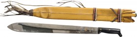 SPAIN
Macheta 20th Century
Short machete, with steel blade rust stains, hard plastic handle caught with 3 butons, yellow leather scabbard. Blade len...