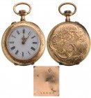 SWITZERLAND
Small Gold Pocket Watch
Mechanical small gold (14k) pocket watch with flowery d?cor . White enameled dial (some cracks) , roman numerals...