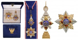 THAILAND
ORDER OF THE CROWN OF SIAM
Special Class. Grand Cross Set of the Order. Sash Badge, 95x57 mm., gilt SIlver, hallmarked, numbered "11", one ...