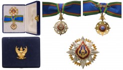 THAILAND
ORDER OF THE CROWN OF SIAM
Grand Officer's Set for Ladies, 2nd Class. Neck Badge, 68x40 mm., gilt SIlver, hallmarked, numbered "39/2", enam...