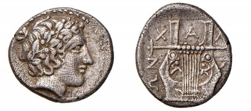 Tetrobol AR
Macedon, Olynthos, Chalkidian League, c. 432-348 BC, Laureate head ...
