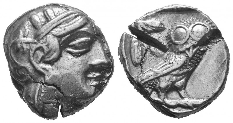 Tetradrachm
Attica, Athens. c. 454-404 BC. Helmeted head of Athena right, with ...