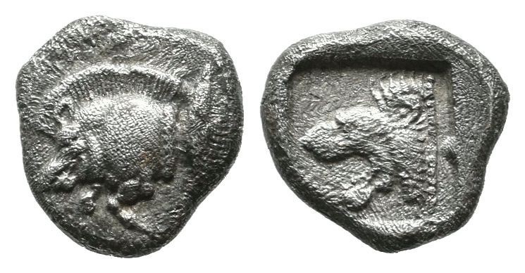 Hemiobol AR
Mysia, Kyzikos. c.450-400 BC, Forepart of boar left; to right, tunn...