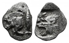 Hemiobol AR
Mysia, Kyzikos. c. 450-400 BC. AR Hemiobol, Forepart of boar left; to right, tunny upward / Head of roaring lion left; star to upper left...