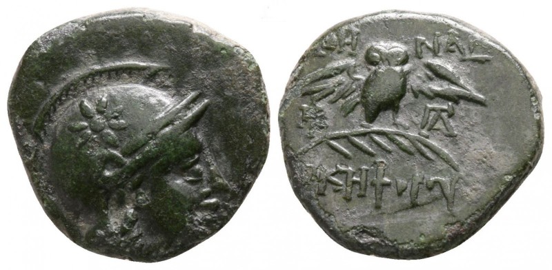 Bronze Æ
Mysia, Pergamon, c. 200-133 BC, Head of Athena right, wearing helmet d...