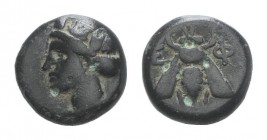 Bronze Æ
Ionia. Ephesos, c. 375 BC, Female head / Bee with straight wings
9 mm, 1,56 g
SNG Copenhagen 256; SNG von Aulock 1839