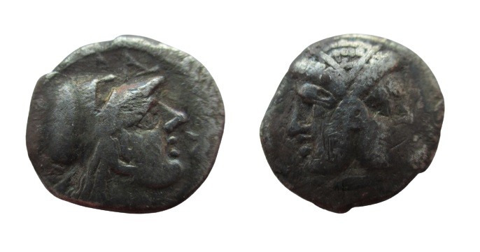 Obol AR
Mysia. Lampsakos, Janiform female head / Helmeted head of Pallas-Athena...