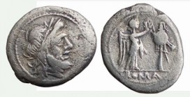 Victoriatus AR
dated after 211 BC, Rome, Laureate head of Jupiter right / Victory advancing right, crowning trophy; ROMA in exergue
17 mm, 2,78 g
C...